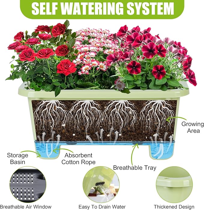 Self-Watering Rectangle Planter Boxes 8-Pack, 15.7-Inch Window Box Planter with Drainage Holes & Trays, Pots for Vegetables, Herbs, Flowers, Garden Windowsill Balcony (Light Green)