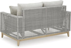 Signature Design by Ashley Seton Creek Cottage Nuvella Weather Resistant Fabric Outdoor Loveseat with Cushion and 2 Throw Pillows, Light Brown & Light Gray