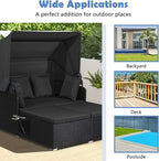 Tangkula Patio Rattan Daybed with Retractable Canopy, Outdoor Wicker Sunbed Lounger with 2 Foldable Side Tables, Thick Seat & Back Cushions, Outside Double Daybed for Garden, Backyard, Porch (Black)