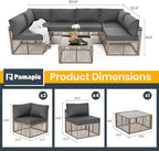 Pamapic 7 Piece Outdoor Sectional Sofa Set, All-Weather Patio Furniture with Washable Cushions, Waterproof Brown Rattan Wicker Conversation Set for Backyard, Poolside, Gray Cushion