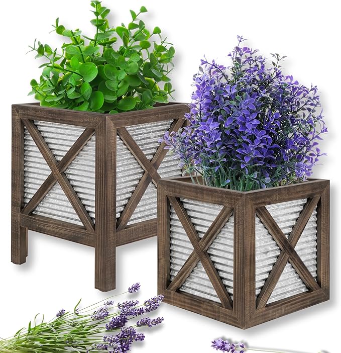 Autumn Alley Farmhouse Front Porch Planters Set of 2 Stand with Galvanized Corrugated Metal Planter for Outdoors/Indoors - Rustic Wood Square Planters Box on Legs – Charming Farmhouse Décor, Brown