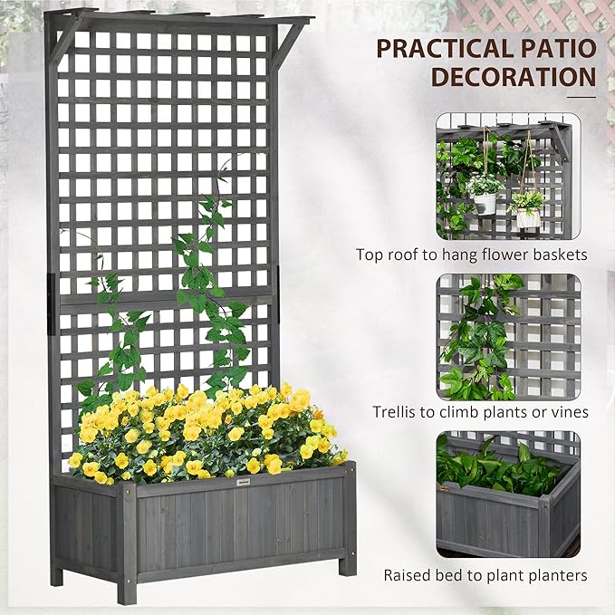 Outsunny Wood Planter with Trellis, Raised Garden Bed for Climbing Plants w/Drainage Holes and Roof, 35.5" x 17.75" x 72", Pack of 2, Dark Gray