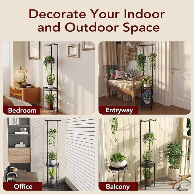 Plant Stand Indoor Outdoor - Heavy Duty Metal 2-tier Hanging Plant Holder Space-Saving Iron Plant Stands Tall Plant Shelf for Living Room Garden Balcony（Black）