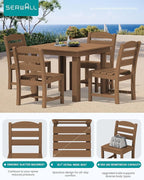 SERWALL Outdoor Dining Set for 4, HDPE Square Table and Chairs Set All Weather Patio Dining Set with 4 Armless Chairs for Patio, Brown