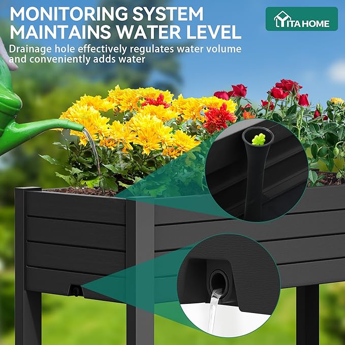 YITAHOME 43.3x17.7x34 in Elevated Garden Bed, Outdoor Plastic Planter Box with Wheels, Legs, Drain Plug, and Storage Shelf for Plants, Vegetables, Flowers, Herbs, Black
