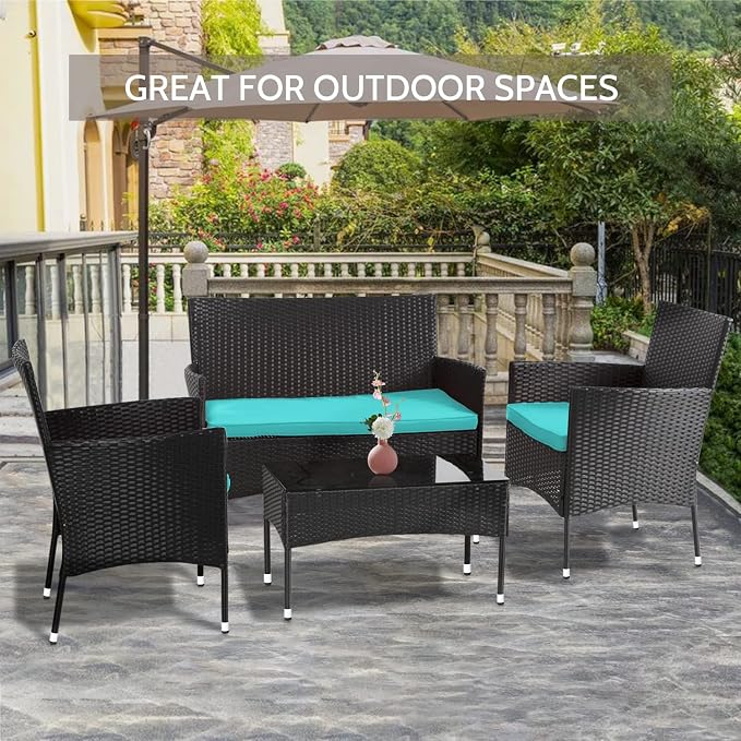 Bistro Sets 4-Piece Wicker Patio Set with Blue Cushions and Glass Table