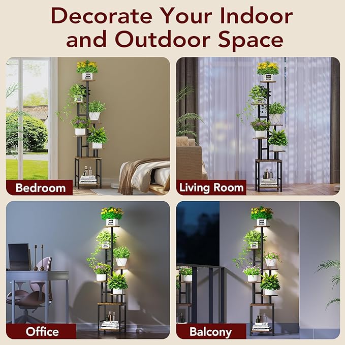 Plant Stand Indoor with Grow Light,6-Tiered Tall Plant Stand Indoor, Metal Plant Shelf with Adjustable Light, Ideal for Living Room, Garden, Patio (Black Brown)