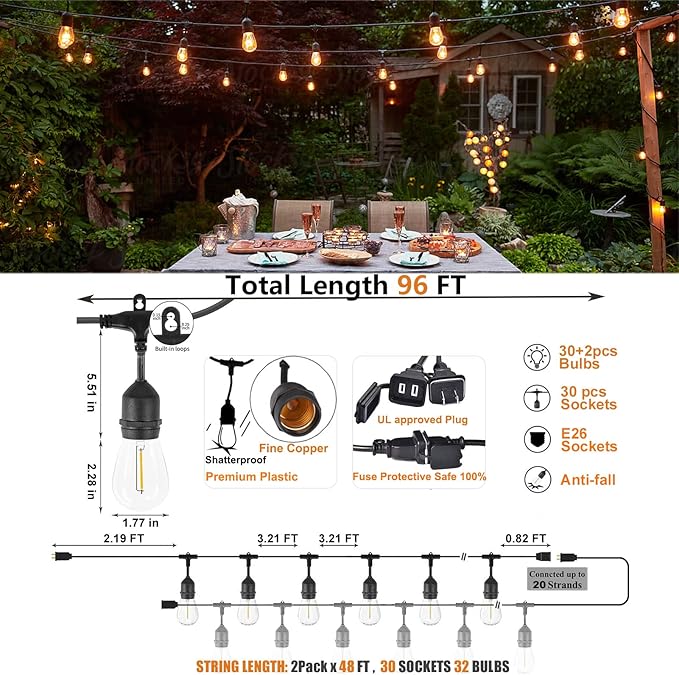String Lights 2200K Warm Yellow LED, IP65 Waterproof, Linkable