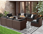 NICESOUL 9pcs Patio Furniture Set with Fire Pit Propane/Gas, 29.3'' High Back Modern Comfy Outdoor Conversation Set, Extra Wide Modular Sofa for Heavyweight, Brown Rattan and Dark Gray Cushion
