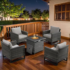Belord 5 Pieces Wicker Patio Furniture Set: 4 Outdoor Club Chairs Patio Conversation Set with 50000BTU Propane Fire Pit Table, All Weather Brown Rattan Anti-Rust Frame, Beige Cushion
