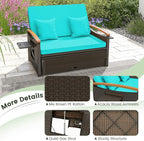 Tangkula Patio Rattan Daybed with 4-Level Adjustable Backrest, Outdoor Wicker Loveseat with Acacia Wood Armrest, Storage Ottoman & Folding Tray, Double Sunbed for Balcony, Yard & Poolside (Turquoise)