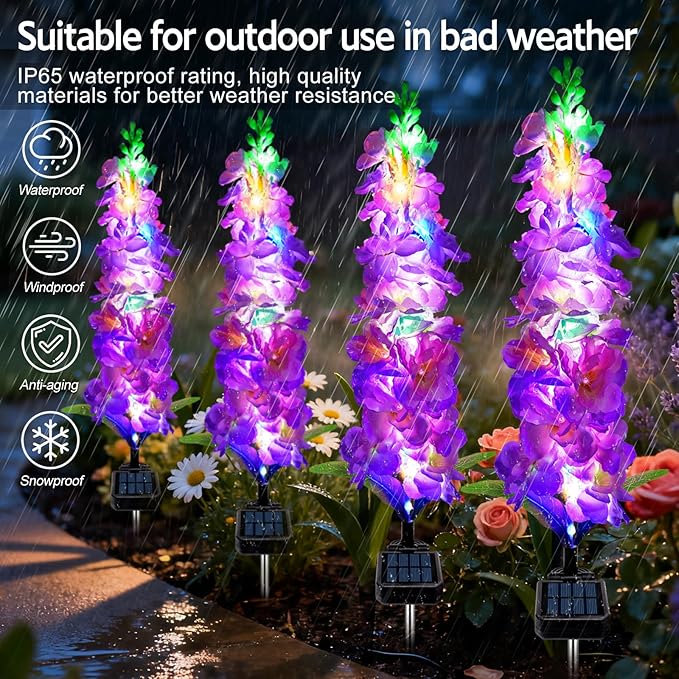 Solar Garden Lights, Solar Purple Delphinium Flowers Lights 8 Pack 160 LEDs, Waterproof Outdoor Light Two Lighting Modes for Outside Wedding Party Garden Yard Patio Lawn Decor