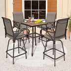 PHI VILLA 5 Piece Outdoor Bar Set, High Top Patio Table and Chairs with 4 Swivel Bar Stools (Grey) & Square Bar Bistro Table for Garden, Yard