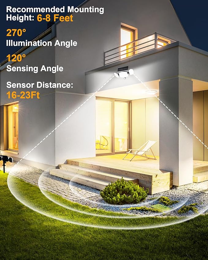 Solar Motion Lights Outdoor with Stake, 208 LED 270° Illumination Security Flood Lights for Yrad Garden Pathway, 3 Modes, IP65 Waterproof, In-Ground or Wall Mount