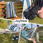 JoyView Brazilian Double Hammock with Hanging Ropes Extra Large 86.6x59” Portable Cotton Hammock for Patio Backyard Porch 450LBS Weight Capacity Perfect for Outdoor/Indoor - Blue & Green Stripes