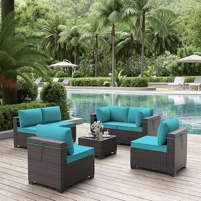 ALAULM Patio Furniture Set with Coffee Table, 7 Pieces Outdoor Sectional with Wide Seat and Thick Cushion, All Weather Wicker Rattan Conversation Set for Backyard, Garden, Deck, Turquoise