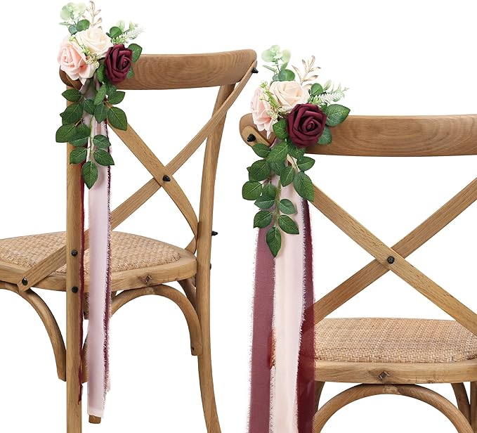 Artificial Flowers Pew Decor, Set of 10 Burgundy with Ribbon Ties