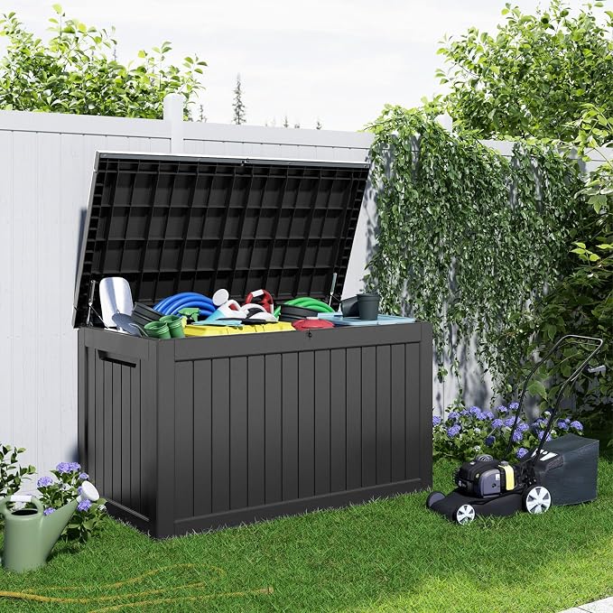 Deck Box, 280 Gallon Black Resin Storage with Lock