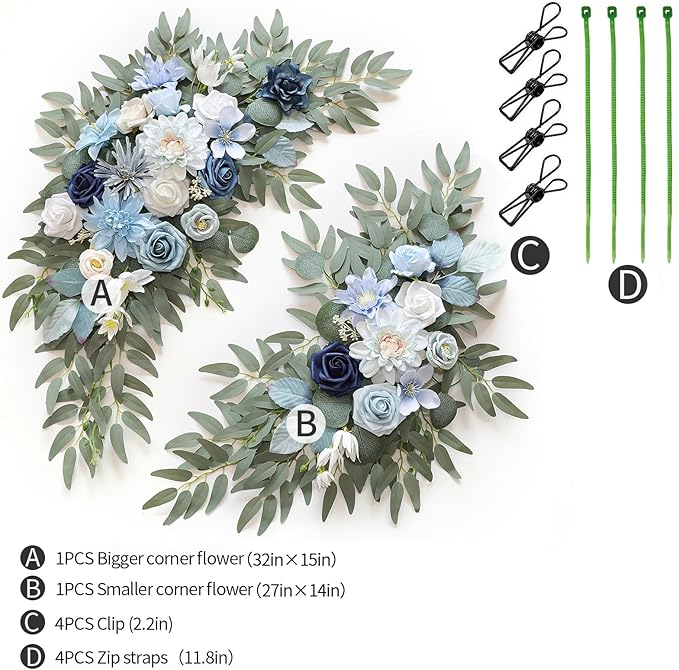 Blue Silk Rose Wedding Arch Swags, 2-Piece Set with Ties and Clips