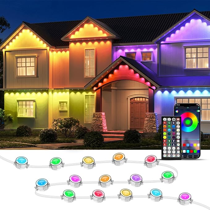 100FT Permanent Outdoor Lights, RGB LED Eaves Lights with IP67 Waterproof, Smart App Remote Control, Music Sync, for Christmas, Holiday Decorations