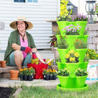 Umigy 2 Set 5 Tier Stackable Planters Vertical Garden Planters for Strawberry Herb Flower and Vegetable Indoor Outdoor Gardening Pots with Removable Wheels and Bottom(Green)