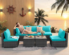 NICESOUL 7 Piece XL Large Modern Outdoor Furniture Sofa Set, 29.3'' High Back Wicker Patio Modular Sectional with Tables, All-Weather Deep Conversations for Backyard, 2 Color Cushion Turquoise & Gray