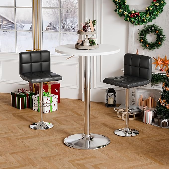 Flamaker Round Bistro Pub Table 23.6 Inch Height Adjustable 360° Swivel Bar Table Metal Base for Pub, Dining Room, Party (4, White-Silver)