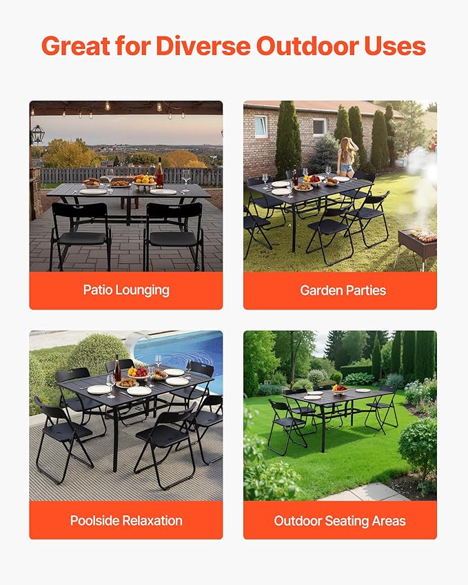 VEVOR Outdoor Patio Dining Table, 59 inch Long Rectangular Metal Steel Slat Backyard Bistro Tables for 4-6, with 1.5 in Umbrella Hole, All-Weather Large Furniture for Lawn Garden Porch, Black