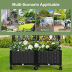 Planter Box with Trellis, 4ft Tall Self-Watering Plastic Raised Garden Beds and Lattice Trellis with Lockable Wheels & Drain Plug for Outdoor Patio Backyard Balcony, Black, 2 Pcs