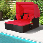 ORALNER Outdoor Daybed, 2-Person Wicker Patio Sofa with Retractable Canopy, Cushions & Pillows, 2 Side Trays, PE Rattan Double Sunbed Lounger for Deck Poolside Backyard Garden Balcony (Red)