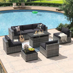 Aoxun 8 Piece Patio Furniture Set with 44” Fire Pit Table Wicker Rattan Outdoor Sectional Sofa Set with Coffee Table and Thickened Cushions, Black (Waterproof Cover Included)
