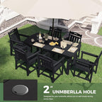 HDPE Outdoor Dining Set, Patio Table and Chairs Set, All-Weather 7-Piece Outside Table and 6 Chairs, 2" Umbrella Hole, Outdoor Furniture for Garden, Poolside, Backyard, Deck | Black