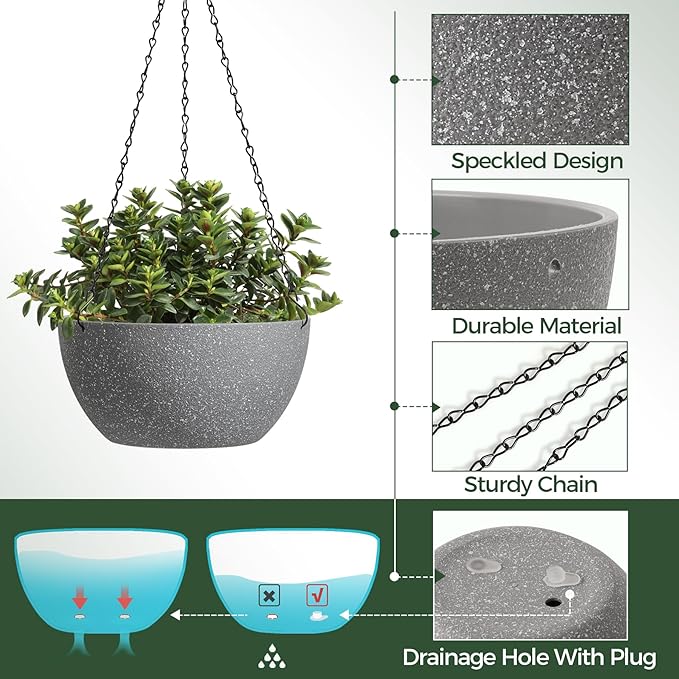 T4U Hanging Planters for Indoor Plants, 10 Inch Hanging Planter Outdoor 2 Pack, Hanging Basket with Drainage Holes, Hanging Plant Holder Indoor, Flower Pots, Plant Pots for Garden, Grey