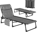 Outsunny Chaise Lounge Chair Outdoor, 5-Position Adjustable Sun Tanning Chair with Carrying Handle and Side Pocket, Folding Bed Cot with Removable Pillow for Garden, Beach, Patio, Pool, Camp, Gray