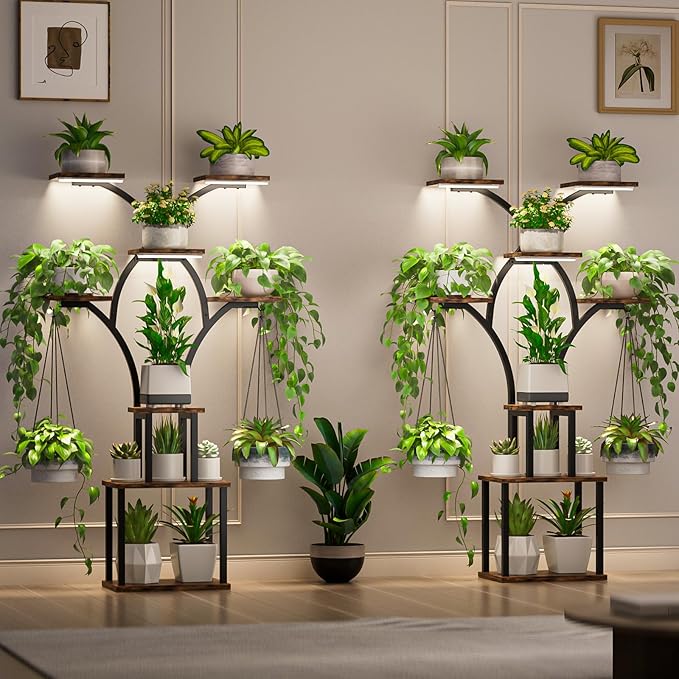 Elbourn Plant Stand Indoor with Grow Lights - 60" Tall Metal Plant Shelf for Multiple Plants, 8 Tiered Corner Plant Stands for Indoor Plants, X - Shaped Decorative Rack for Home, Living Room & Patio Decor (Brown)