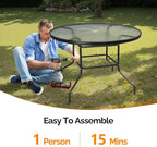 VINGLI Round Patio Table with Umbrella Hole, 40" Outdoor Dining Table Steel Tempered Glass Patio Tables Round Outdoor Tables for Balcony Garden Deck