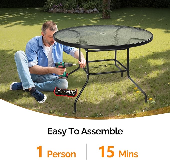 VINGLI 40'' Outdoor Dining Table with Umbrella Hole, All Weather Round Patio Table, Waterwave Tempered Glass Top and Metal Frame, for Garden Porch Balcony Yard