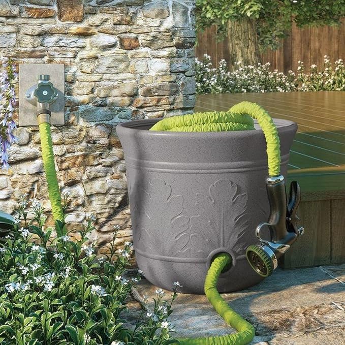 Suncast 300 Foot Heavy Duty 5 Gallon Decorative Plastic Hose Pot for Expandable and Lightweight Hoses, Ideal for Garden, Patio and Backyard Use