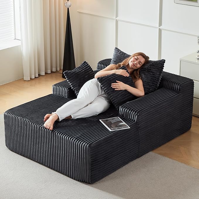 67 Inch Chaise Lounge Chair Indoor, Oversized Upholstered Boneless Sofa Bed, Corduroy Deep Seat Sleeper Couch Reading Chairs, Cloud Sofas Couches for Living Room, No Assembly Required (Dark Gray)