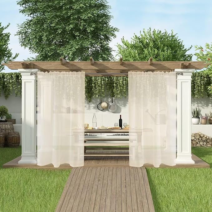 SpaceDresser Waterproof Outdoor Sheer Curtains for Patio - 2 Panels Rod Pocket Indoor Voile Sheer Curtain for Living Room,52W x 96L inch, Ivory
