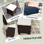 Outsunny 2 Pieces Outdoor Patio Ottomans, All Weather Wicker Outdoor Footstools with Removable Cushions, 3-in-1 PE Rattan Ottoman Seat, Footrest and Side Table for Backyard, Poolside, Beige