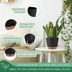 montresor 5-Pack Self-Watering Plastic Plant Pots 5/5.5/6/6.5/7 Inch– Black Indoor Flower Pots with Wick & Water Tray for Herbs, Succulents, Seedlings, Small Plants