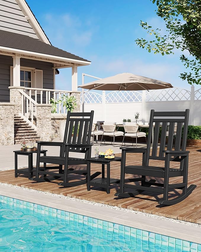 GarveeLife Poly Lumber Rocking Chair Outdoor Set of 4 - HDPE High Back Porch Rocker Chairs for Adults - All Weather Resistant Furniture for Patio - Black