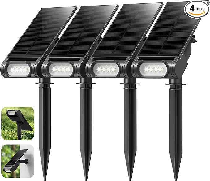 EZVALO Solar Spot Lights Outdoor IP67 Waterproof, Adjustable Solar Landscape Lights, 3 Lighting Modes Solar Spotlights for Outside Yard Garden Plant Trees Pathway Flag (Cool White-4Pack)