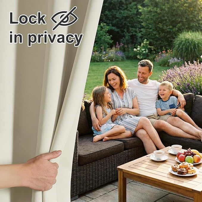 RYB HOME Extra Wide Outdoor Curtains for Patio Waterproof Heavy Duty Thermal Insulated in Summer Full Coverage Privacy for Porch, Cabana & Pool, W120 x L95, Beige, 1 Panel