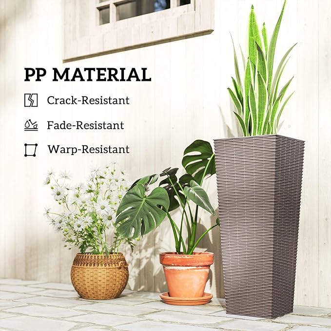 Outsunny 23.6 Inch Tall Planters for Outdoor Plants, Set of 2 Plastic Rattan-Like Flower Pots with Drainage Holes, Stackable Tapered Planters for Indoor Plants, Front Porch, Brown