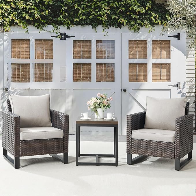 Belord Outdoor Bistro Set 3 Piece Outdoor Wicker Patio Chairs, Oversize Outdoor Rattan Seating Set, All-Weather Chairs Wicker Furniture with Metal Side Table and Removable Cushion for Outside, Brown