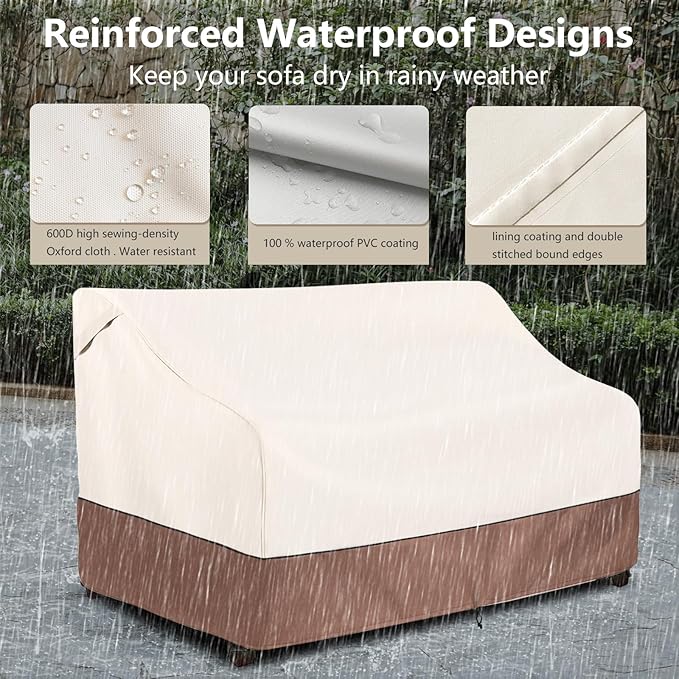 Patio Sofa Cover, Waterproof Beige and Brown, Fits Up to 58 Inch Loveseat