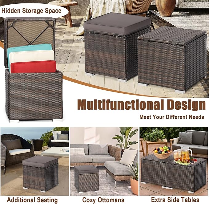 RELAX4LIFE Wicker Outdoor Storage Ottoman, 2-Piece Rattan Footstool w/Removable Cushion, Multipurpose Footrest Stool Side Table Additional Seating, Set of 2 Outdoor Ottomans for Patio Deck (Grey)
