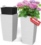 Mueller M-Resin Heavy Duty Tall Planters for Outdoor Plants, Indoor Grande Plant Pots, Boxes, Trees, Flower Pots, 2-Piece Set, 24”, Modern Design, Built-in Drainage, Front Porch Decor, White